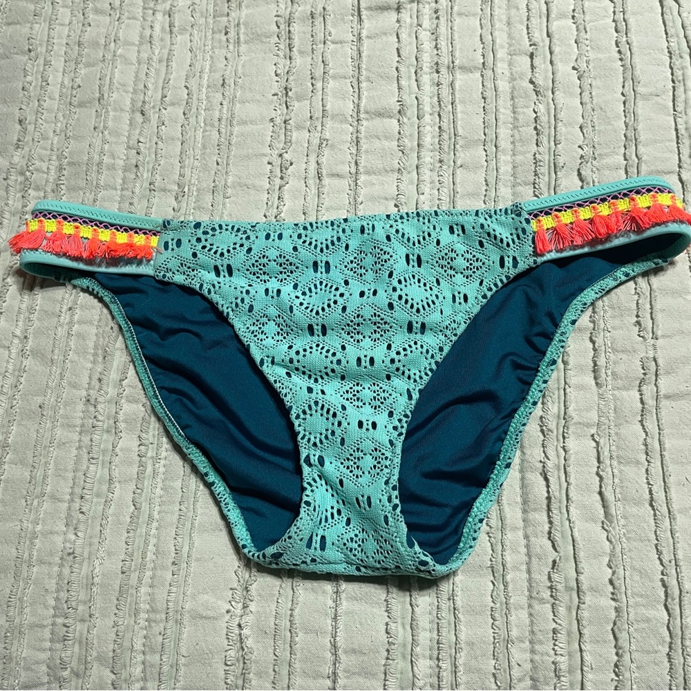 Shade & Shore Aqua Crochet Bikini Bottom with Teal Lining and Neon Tassels